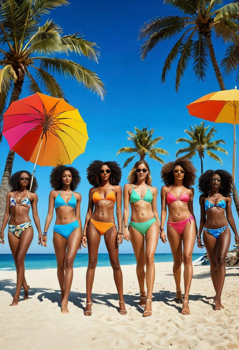 A colorful beach scene featuring a diverse group of models showcasing various provocative beachwear styles, including bikinis and trendy bathing suits. The background includes a sunny sky, palm trees, and beach umbrellas, while people enjoy the beach, adding vibrancy and energy. The fashion should be eye-catching and bold, with playful accessories complementing each look. super-realistic. vibrant colors. summer vibes.